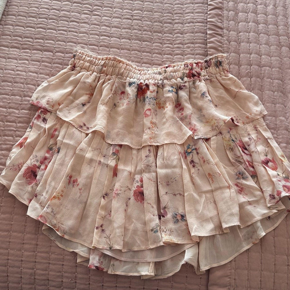 LoveShackFancy Floral A-Line Skirt - Cream and Pink